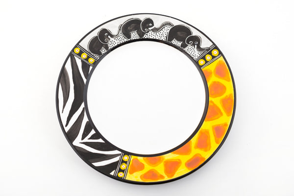 Whimsy Animal print side plate! White plate with the rim painted in zebra & giraffe print and three small elephants in a line - trunks up for Good Luck!