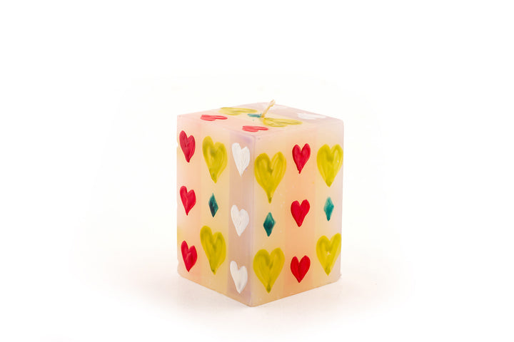 Pastel Hearts 2x2x3 cube. Light pink with red, yellow  and white hearts along with tree diamond highlights.