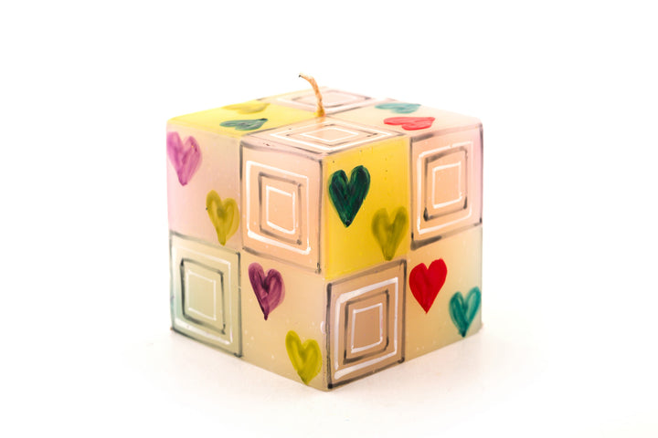 Pastel Hearts 3x3x3 cube.  Light pink with squares and colorful hearts  painted on it.
