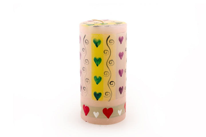 Colorful 3x6 Pastel Hearts pillar. Light pink background with hearts & squiggles on it.