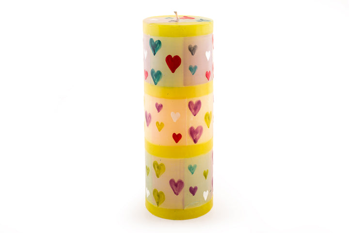 Pastel Hearts 3x8 pillar. Light pink & yellow with colorful hearts painted on top.