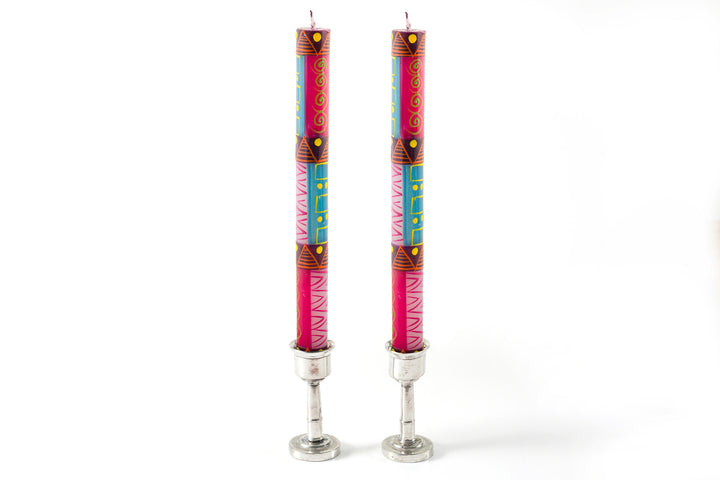 Blue moon candle pair in pewter candle taper holders.  African type design in purple, pink, yellow and fuchsia.