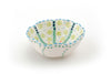 Ceramic Poppy Ramekin!  Sweet little bowl in the shape of a poppy flower.  White outside and white inside base color. Painted on top of the base color with dots, flowers, and fern designs in lime, indigo, orange & yellow.