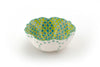 Ceramic Poppy Ramekin!  Sweet little bowl in the shape of a poppy flower.  White outside and lime inside base color. Painted on top of the base color with dots, flowers, and fern designs in baby blue, indigo, orange & yellow.