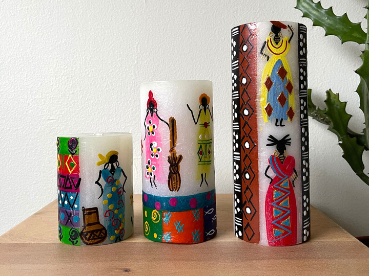 African Ladies pillars,  3x4, 3x6, and 3x8 . The African Ladies painted on side light up as the pillars burn!