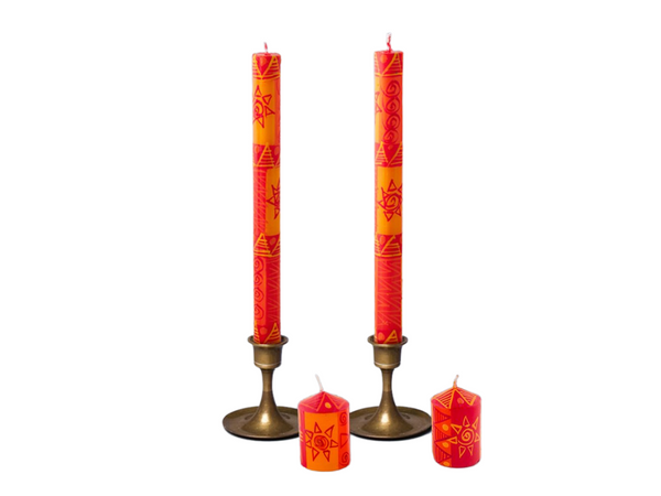 African Sunset dinner tapers and votives!   Orange & yellow.  Smokeless and unscented. Fair Trade.