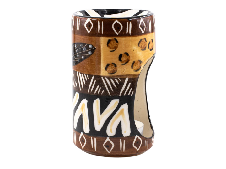 The other side of the Animal Print Ceramic Burner. Tea light in bottom that glows through the opening while scent burns on top. Animal Print patterns painted on side. Fair Trade.