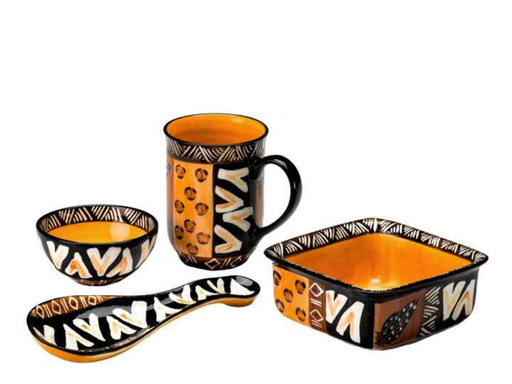 Animal Print Hand made and hand painted ceramic collection.  Classic shape mug, small bowl, small square dish, and spoon rest.  Painted with animal skin prints and golden yellow inside.  Fair Trade home decor.