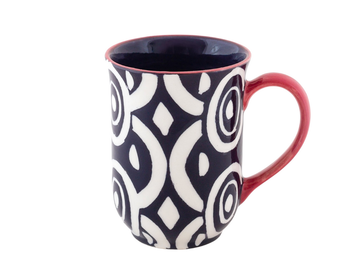 Batik Hand poured and hand painted mug - other side!  Same indigo and white geometric design with red handle, trim, and dark blue inside.  Fair Trade home decor.