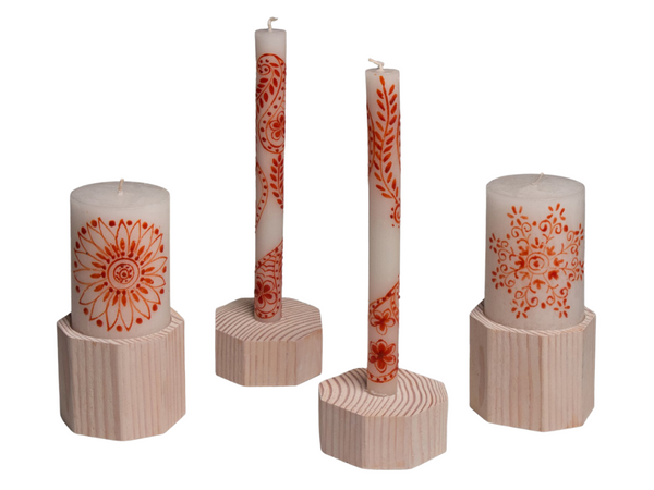 Artisan pillar candle & taper candle holders in white wash reclaimed wood.