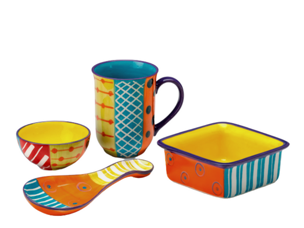 Carousel Ceramic collection; mug, small bow, small square, and spoon rest. Colorful and fun!  Hand painted in orange, turquoise, red and yellow, with dots, swirls and stripe overlay designs.