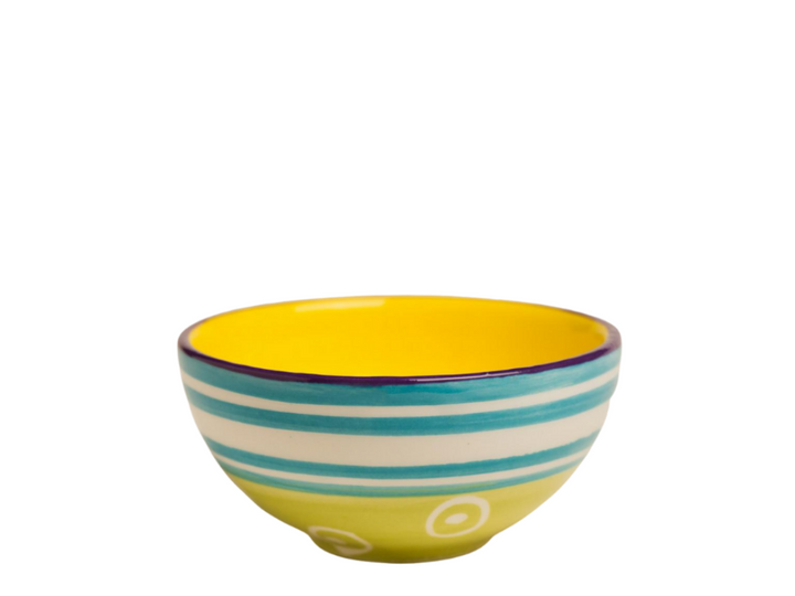 Small ceramic bowl from the Carousel collection. Hand painted in yellow, turquoise and white.  Fair Trade.