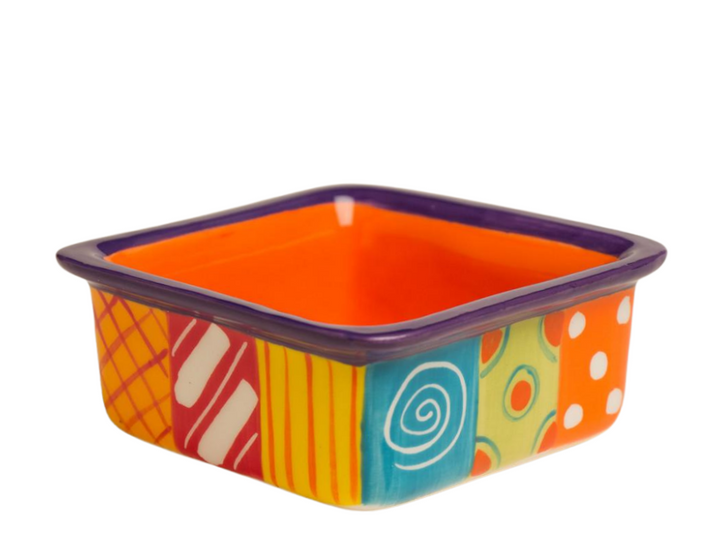 Carousel small square ceramic serving dish. Turquoise, yellow, orange and red background with white stripes and orange dots. Side 2,.Fair Trade.