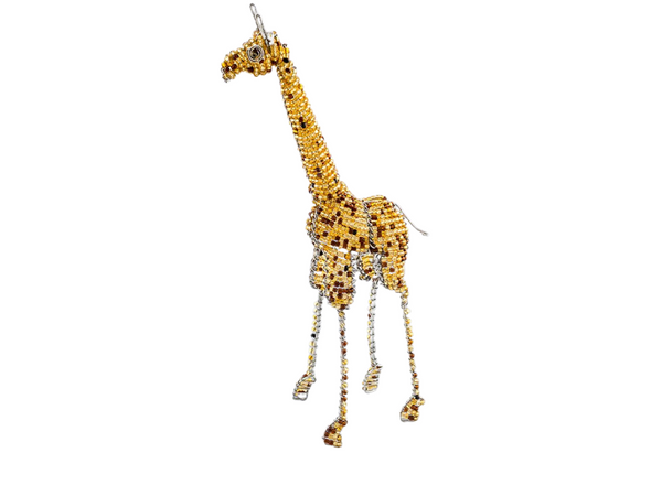 African Giraffes handmade from recycled silver wire and a mix of transparent and opaque beads. This giraffe has hues of yellow and gold, with spots of brown. Cute little tail and long skinny legs. Fair Trade Decor. Fair Trade Gifts. Handmade Gifts. Handmade Decor. Handbeaded.