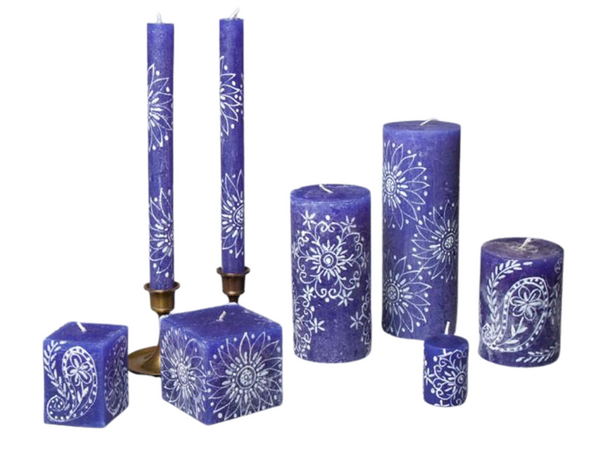 Henna white on blue candle collection.  Henna designs painted on blue candles.  Taper candles, pillar candles, cube candles, and votives. Fair Trade.
