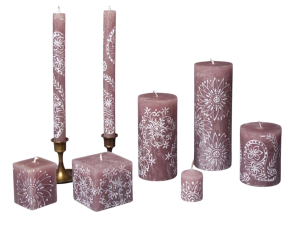 Henna Brown is handmade and hand painted, with white henna design painted on a frosty brown candle.  Photo shows dinner taper candle, pillar candles, cube candles, and 2" votive candle. Fair Trade home decor.