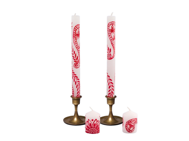Henna Red on White taper candles and votives are handmade and hand painted.  Red henna designs on white candle.  Fair trade home decor.