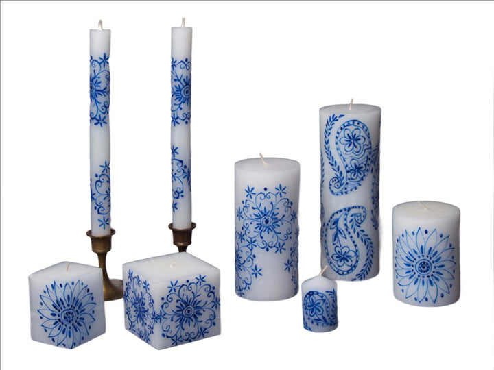 Henna design Blue on White hand poured and hand painted candle collection made in South Africa. Fair trade.