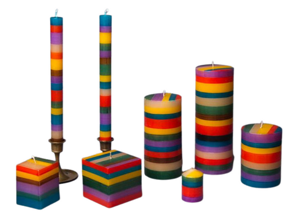 Memphis Stripe candle collection. Handmade and hand painted with stripes of assorted colors, turquoise, golden yellow, burnt orange, purple, dark green, brown & beige.  Fun!  Fair Trade home decor.  