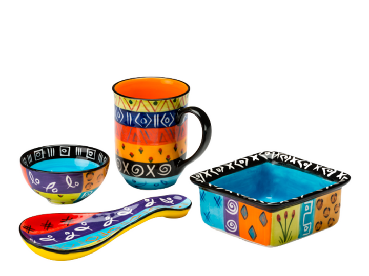 Multicolor Ethnic hand made ceramic collection.  Zulu African designs, colorful and fun!  Small round bowl, mug, spoon rest and small square dish. All microwave and dishwasher safe.  Fair Trade.