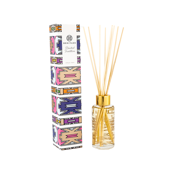 The Painted Tradition 100ml room diffuser and gift box. The box is in the colors used by the Ndebele women who paint their houses.  The glass bottle of the diffuser has the same graphics with natural reeds.  