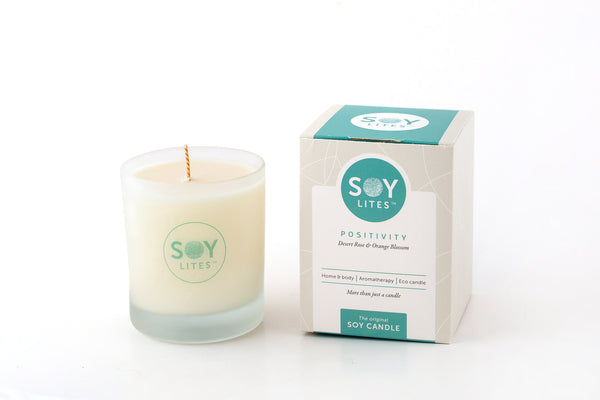 Positivity soy lites votive candle has the scent of desert rose & orange blossom.  Not only aromatherapy but the warm wax is ideal as a moisturizer for hands & feet. 