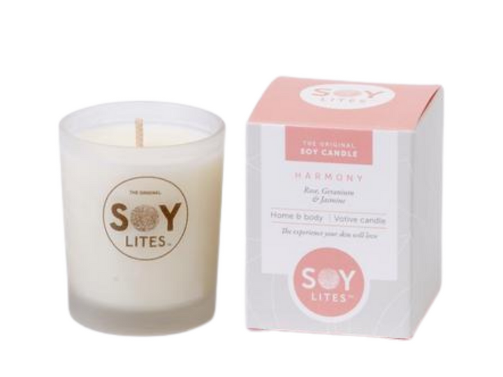 The Original Soy Candle. Harmony - Rose, Geranium, Jasmine. Home & body votive candle. The experience your skin will love. SOYLITES. 