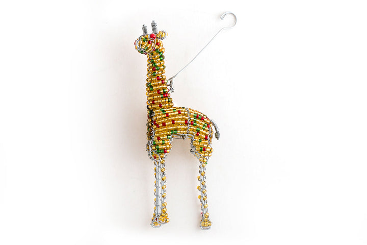 Gold beads with flicks of red & green, this hand beaded giraffe is a perfect addition to your Christmas tree