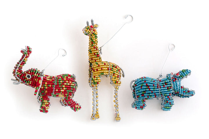 The Christmas Ornament collection!  Hand beaded African animals - red elephant, gold giraffee and blue hippo!