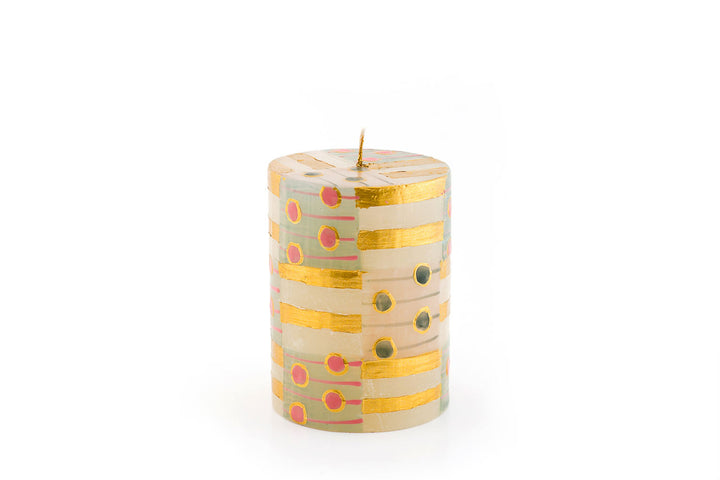 Pastel & Gold 3" X 4" piillar candle that glows from the inside when it burns. Burn time 60 hours.  Hand made and hand painted.