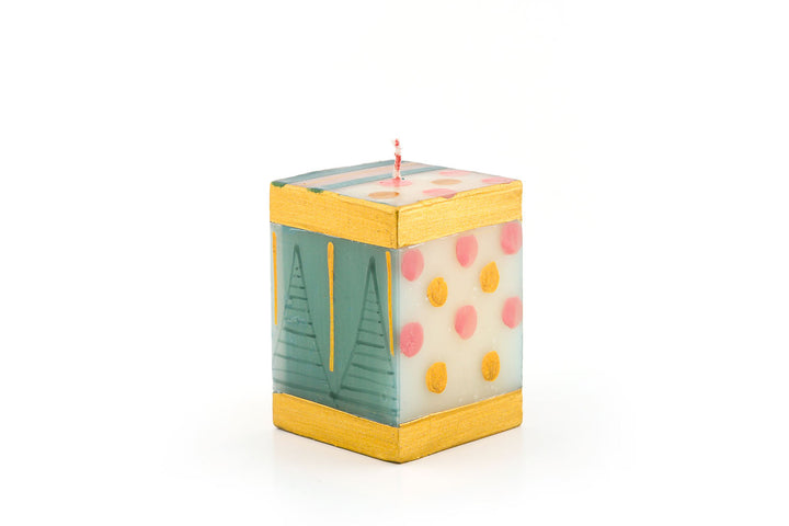 Pastel Gold 2"  X 3" cube candle in pink, gold & turquoise.  Handmade and hand painted.  Fair Trade.