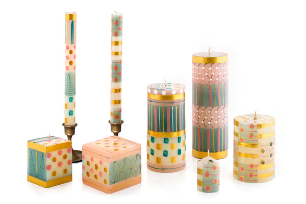 Pastel & Gold Candle Collection. Beautiful combination of pink, turquoise and gold.  Handmade and hand painted in South Africa.  Fair Trade home decor.