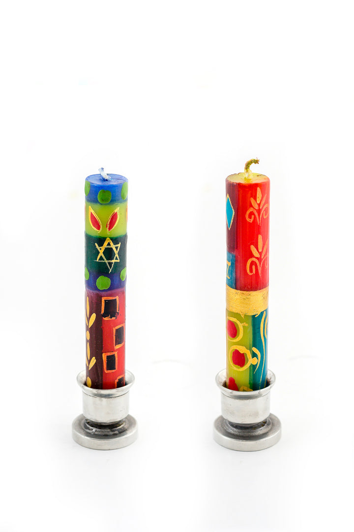 Hand made pewter taper candle holders with Judaica  Shabbat candle tapers, colorful with start of David.