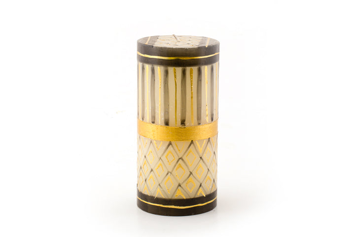 These beautiful Black & Gold hand painted pillar candles glow from within when burning. 3' x 6' pillar candle.  Fair Trade home decor. 